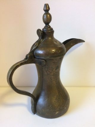 Antique Middle Eastern Dallah Brass Coffee Pot Engraved And Signed 3