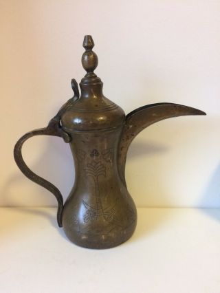 Antique Middle Eastern Dallah Brass Coffee Pot Engraved And Signed 4
