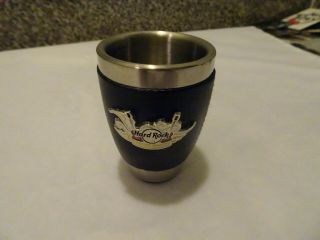 Hard Rock Cafe Online Stainless Steel & Leather Wrap W/ Relief Crest Shot Glass