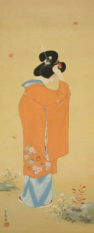 掛軸1967 Hanging Scroll : Ito Shinsui " Kimono Beauty And Maple Leaf " @e321
