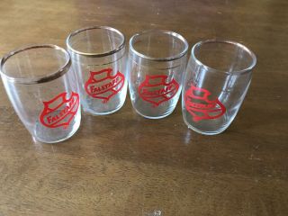 4 Vintage Falstaff Beer Barrel Glasses Shot 3 " Tall - Gold Rimmed With Red Logo