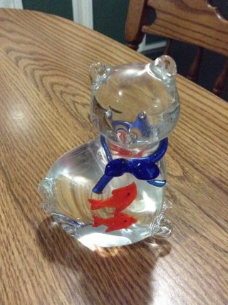 Blown Art Glass Cat With Fish In It 