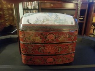 Chinese Antique Wood Inlay Carved Lunch Portable Food Storage Box Boxes