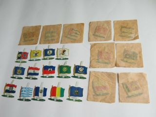 23 Antique Cracker Jack Toy Prize Tin Metal Flag State & Country (r642)