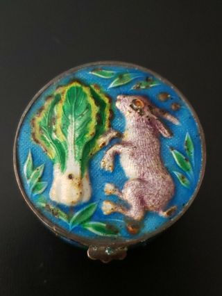 Antique Chinese Silver Gilt Cloisonne Enamel Bunny Rabbit Snuff Pill Box Hinged