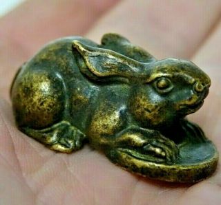 Very Old Chinese Bronze Rabbit Netski Crouched On Coin - Very Rare - L@@k