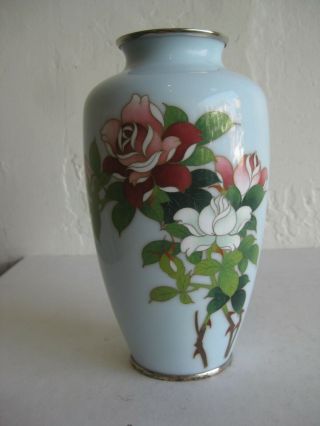 Fine Old Antique Japanese Blue Cloisonne Enamel Vase W/roses Signed Nekka 7.  25 "