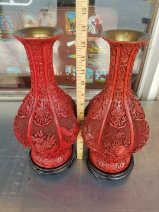 Vtg 2 Chinese Carved Cinnabar Lacquer Vases Mid Century Rose Flowers 12 "