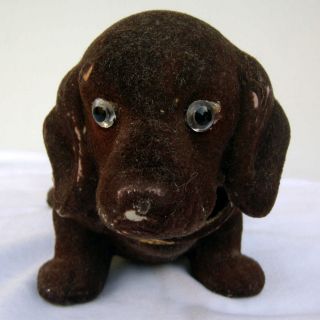 Vintage Brown Dachshund Dog Nodder Bobble Head Flocked Plaster Glass Eyes Sweet