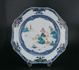Large Antique Chinese Blue And White Famille Rose Hexagonal Plate Yongzheng 18th