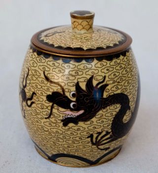Chineses 2 Dragon Cloisonne Black / Tan Enamel Jar Canister Trinket Box