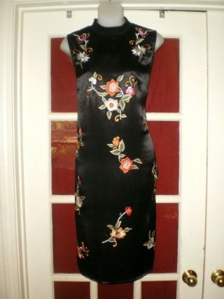 Supreme Vtg Chinese Black Silk Cheongsam Dress W/embroidered Floral Design Sz M