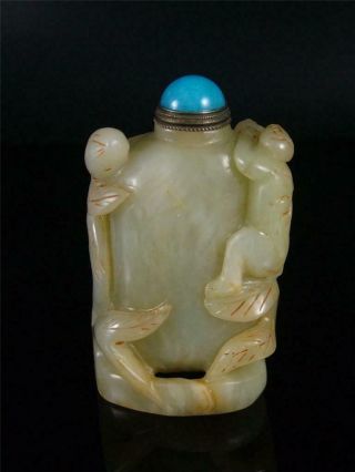 Fine Old Chinese Celadon Nephrite Jade Carved Snuff Bottle Monkey & Peah At Side