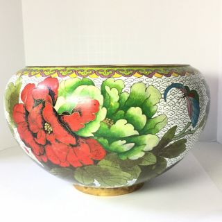 Jingfa Cloisonne Bowl Planter Vase Red Yellow Flowers Blue Purple Butterfly