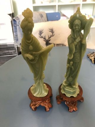 Antique Chinese Jade Statues On Wooden Stands