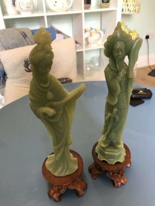 Antique Chinese Jade Statues On Wooden Stands 2