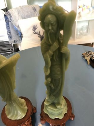 Antique Chinese Jade Statues On Wooden Stands 4