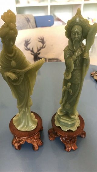 Antique Chinese Jade Statues On Wooden Stands 5