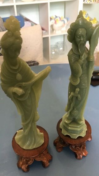 Antique Chinese Jade Statues On Wooden Stands 6