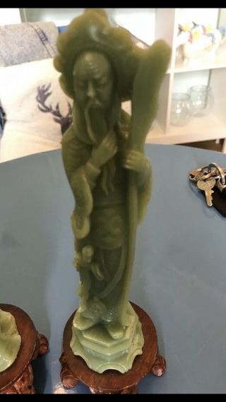 Antique Chinese Jade Statues On Wooden Stands 7