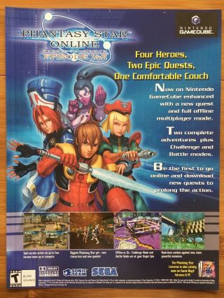 Phantasy Star Online Episode I & Ii Gamecube Sega 2002 Poster Ad Art Retro Rare