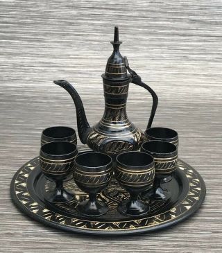 Vintage Decorative Small Indian Etched Brass Coffee Pot Set On Tray Moradabad