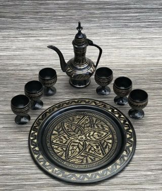 Vintage Decorative Small Indian Etched Brass Coffee Pot Set On Tray Moradabad 2
