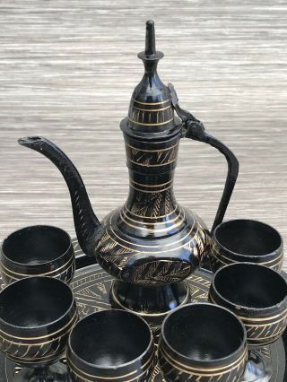 Vintage Decorative Small Indian Etched Brass Coffee Pot Set On Tray Moradabad 3