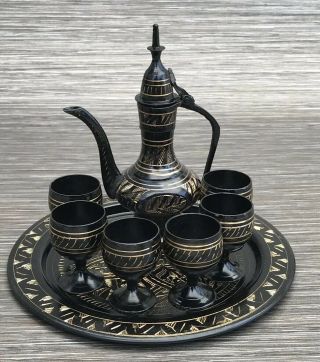 Vintage Decorative Small Indian Etched Brass Coffee Pot Set On Tray Moradabad 4