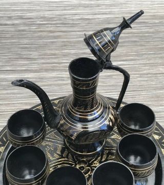 Vintage Decorative Small Indian Etched Brass Coffee Pot Set On Tray Moradabad 5