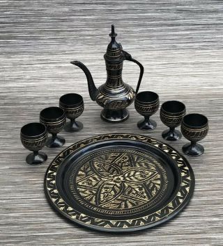 Vintage Decorative Small Indian Etched Brass Coffee Pot Set On Tray Moradabad 6