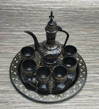 Vintage Decorative Small Indian Etched Brass Coffee Pot Set On Tray Moradabad 7