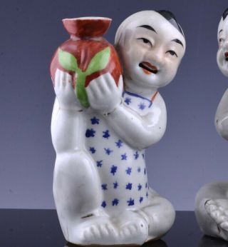 PAIR GREAT OLD CHINESE FAMILLE ROSE ENAMEL BOY FIGURES HOLDING POMEGRANATE VASES 5