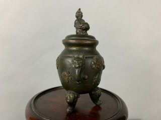 19th/20th C.  Chinese/Japanese Bronze Tripod Incense Burner And Cover 2