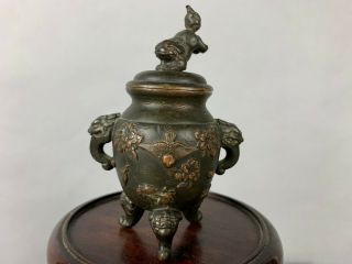 19th/20th C.  Chinese/Japanese Bronze Tripod Incense Burner And Cover 3