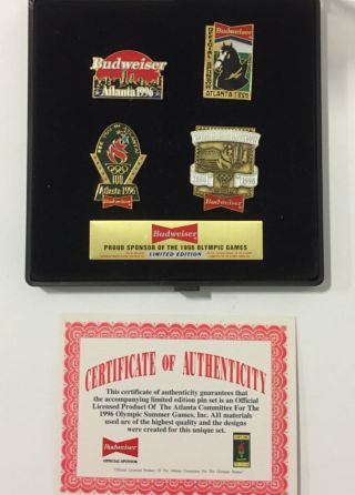 1996 Budweiser " Sponsor Of Olympic Summer Games " Pin Set In Atlanta W/certificat