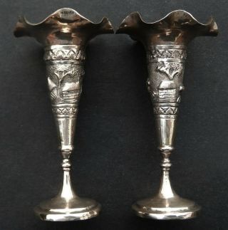 Good Quality 2 Antique Indian Solid Silver Vases; Calcutta C1890