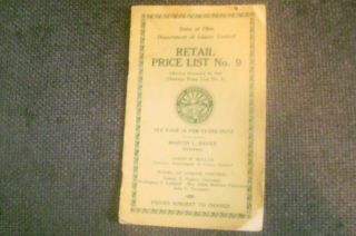 Vintage Ohio 1936 Dept.  Liquor Control Retail Price List No 9