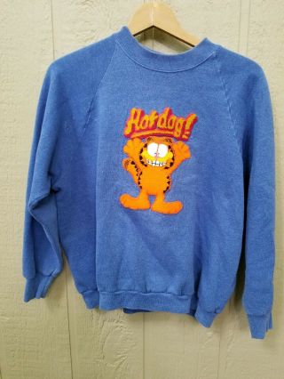 Vintage Fuzzy Applique Garfield Cat Cartoon Sweatshirt Blue Size Large Novelty