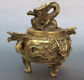 Vintage Brass Chinese Dragon Incense Burner / Censer Statue