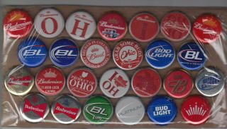 26 Diff Undented Beer Bottle Crown Caps From Budweiser,  Bud Light,  Ohio & More