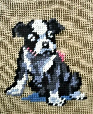 Boston Terrier Dog Puppy Vintage Preworked Needlepoint Canvas W/ Design Finished