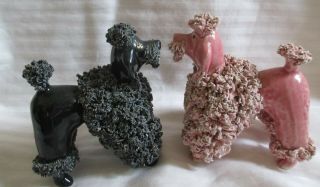 Vintage Pink & Black Ceramic Spaghetti Poodle Dogs - 1950 