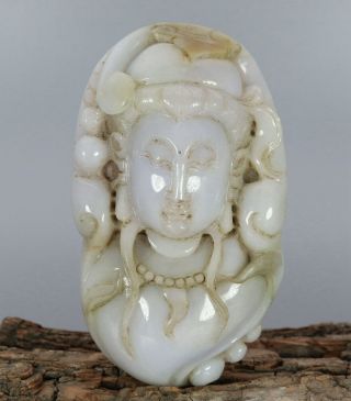 Chinese Exquisite Handmade Guanyin Carving Jadeite Jade Pendant