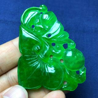 Rare Collectible Chinese Green Jadeite Jade Carved Bat & Ruyi Handwork Pendant