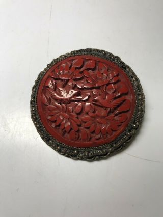 Antique Oriental Chinese Carved Cinnabar Ornate Brooch Pin Pendant