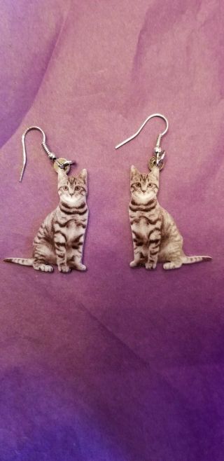 Silver Grey Tabby Cat Kitten Lightweight Fun Earrings Jewelry