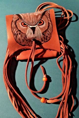 Owl Handpainted Lambskin Mecicine Bag,  With Fringe And Pony Beads.