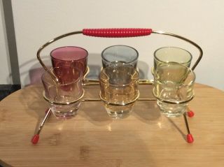 Vintage Kitsch 1950’s Set Of 6 Shot Glasses In Stand Holder
