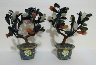 Antique Chinese Jade Tree Cloisonne Pots Pair (2) Bonsai Blossom Floral Vases